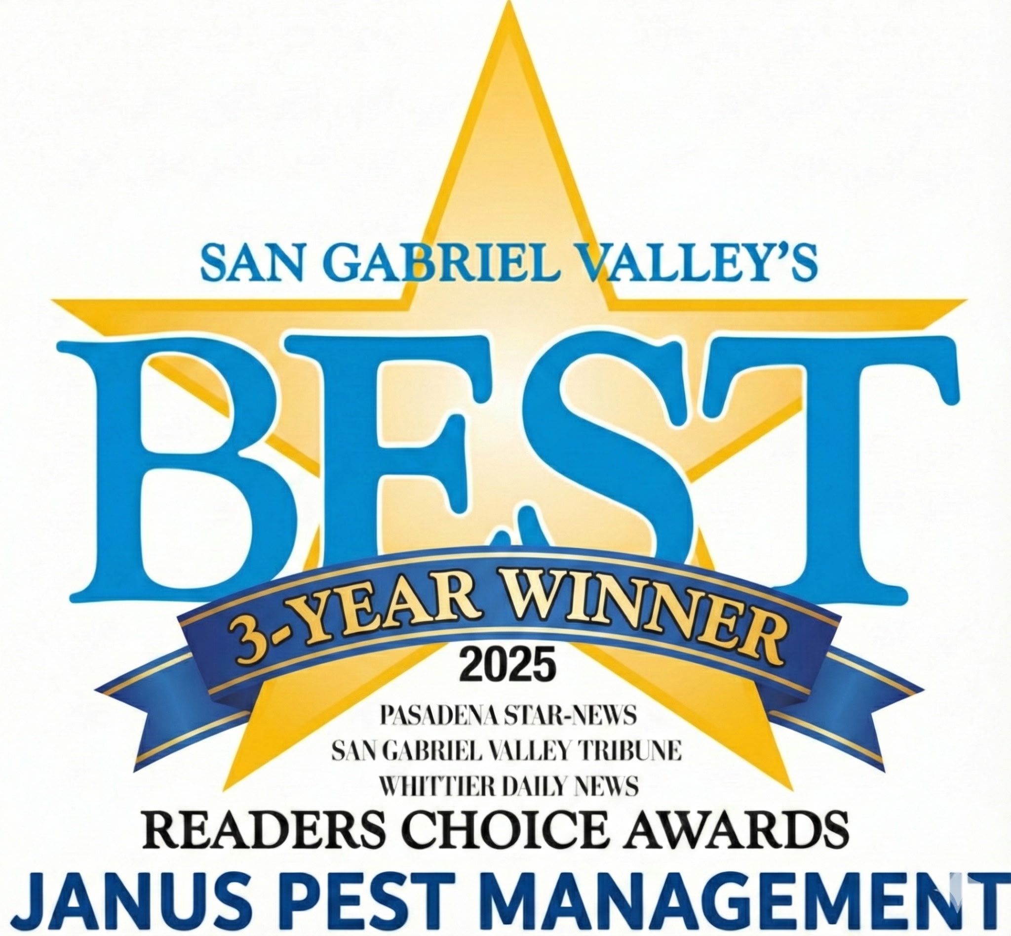 Janus Pest Management 3-Year Readers' Choice Award Winner 2025 – Best Pest Control in San Gabriel Valley by Pasadena Star-News, San Gabriel Valley Tribune, and Whittier Daily News</p>
<p>