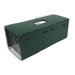 Humane green-covered live animal trap for raccoons, skunks, possums, feral cats with cover that reduces stress and keeps the animal calm during capture,