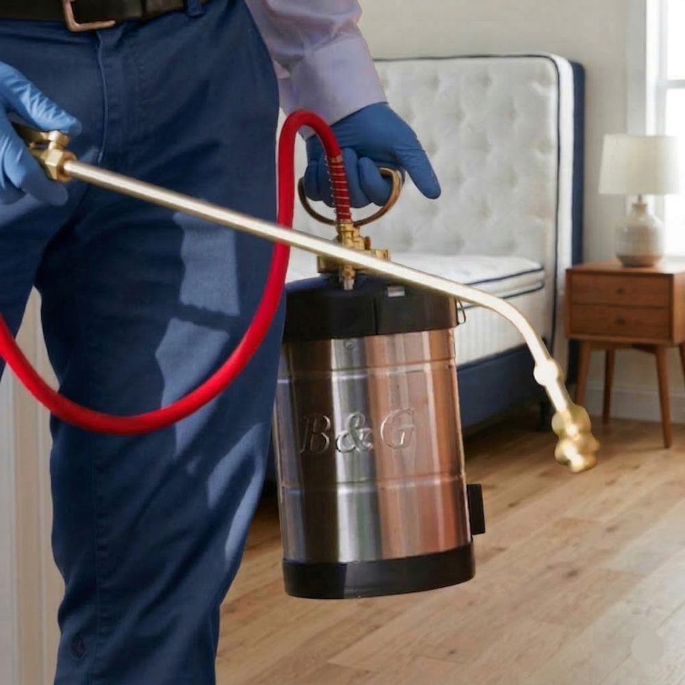 Pest control technician applying residual treatment in bedroom with B&G sprayer — professional bed bug control in greater Los Angeles