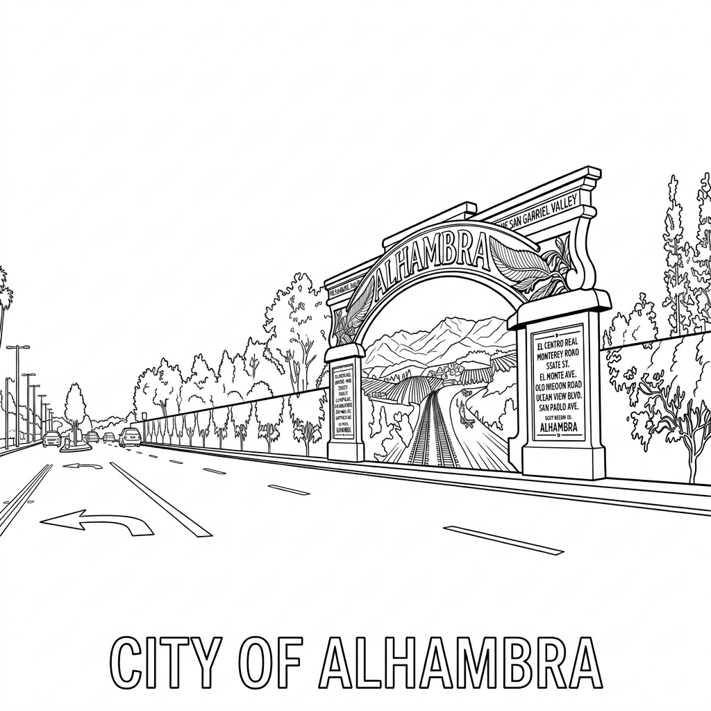 Alhambra city landmark illustration - Janus Pest Management serves Alhambra CA