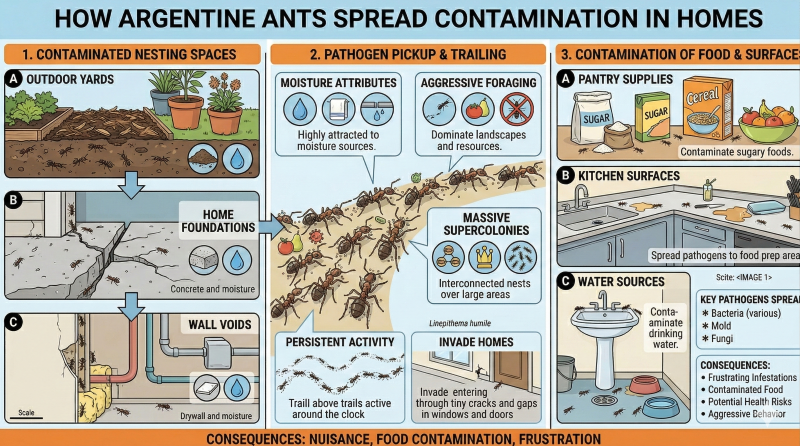 Infographic showing how Argentine ants spread contamination through outdoor yards, home foundations, wall voids, and food surfaces in San Gabriel Valley homes | Janus Pest Management