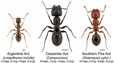 Argentine ant, Carpenter ant, and Southern fire ant — the three most common ant species treated by Janus Pest Management in the San Gabriel Valley