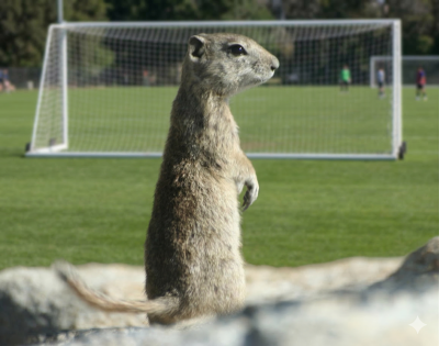 California ground squirrel standing upright on rocks at edge of soccer field — active ground squirrel infestation on school or municipal athletic turf