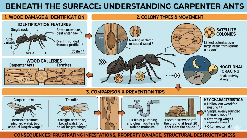 Infographic showing carpenter ant identification features, wood gallery damage, satellite colony structure, and nocturnal foraging behavior in San Gabriel Valley homes | Janus Pest Management
