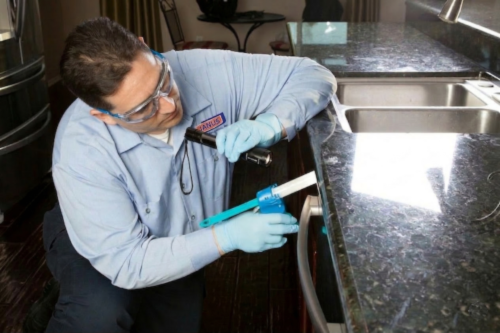 Janus Pest Management technician applying gel bait at kitchen counter harborage zone — professional cockroach control in Los Angeles