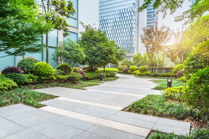 Manicured landscape beds at a commercial high-rise — primary placement environment for PROTECTA EVO Landscape discreet rodent bait stations used by Janus Pest Management