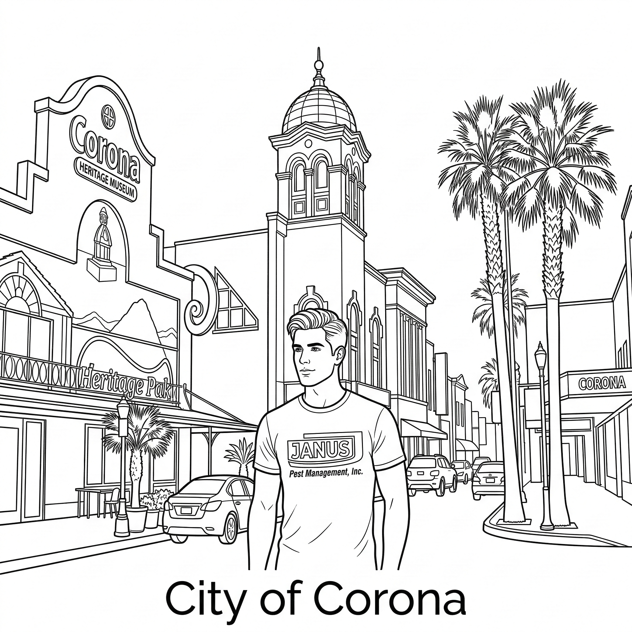 Corona city landmark illustration - Janus Pest Management serves Corona CA