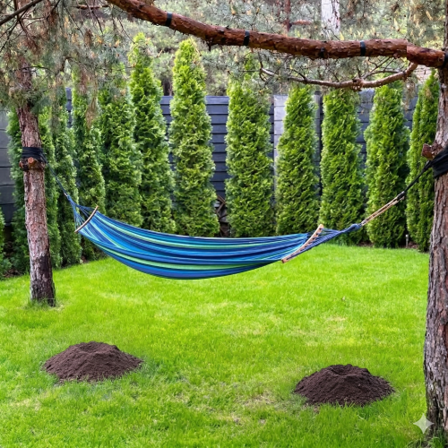 Two fresh gopher mounds on a well-maintained residential lawn with hammock — gopher control service in greater Los Angeles