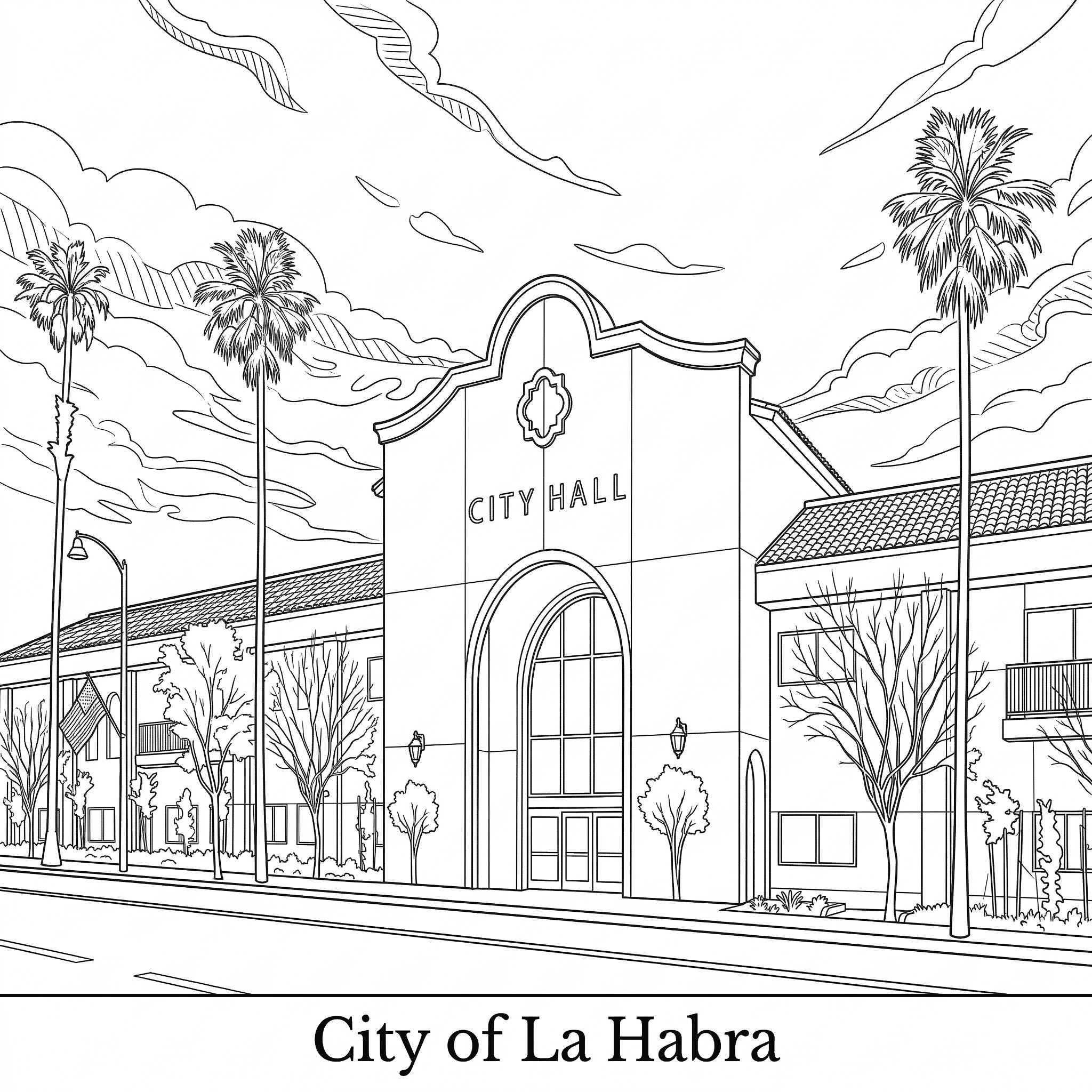 Illustration of La Habra City Hall representing Janus Pest Management's pest control services in La Habra, CA