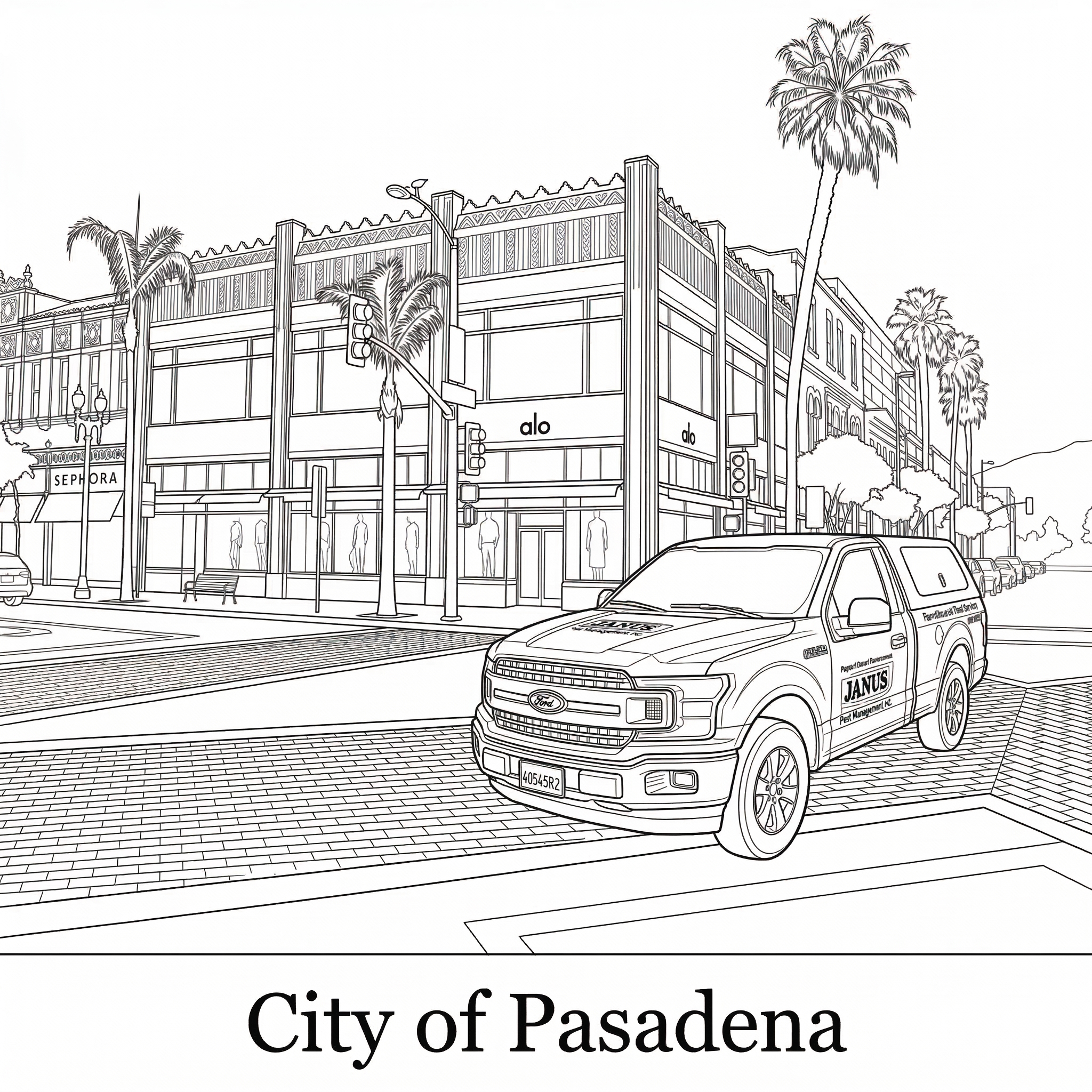 Janus Pest Management service truck on Colorado Boulevard in Pasadena, CA — professional pest control serving the San Gabriel Valley
