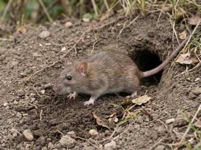 Norway rat emerging from ground burrow — burrowing rat activity near foundations and landscapes in greater Los Angeles