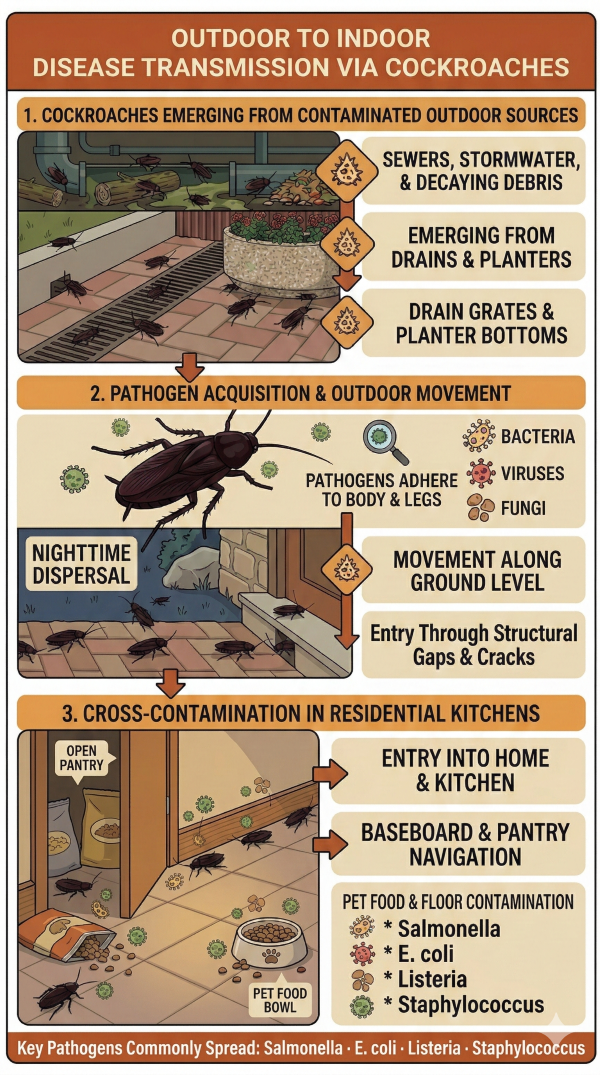 Oriental cockroach outdoor to indoor disease transmission cycle — sewers, drains, and planters to residential kitchens — Janus Pest Management San Gabriel Valley