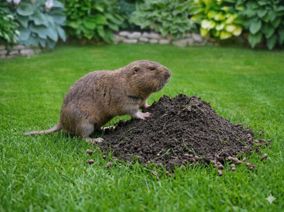 Pocket gopher at fresh dirt mound on residential lawn — gopher control service for homes and landscapes in greater Los Angeles