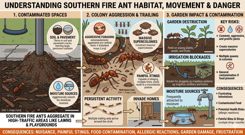 Infographic showing how Southern fire ants spread contamination through outdoor yards, home foundations, wall voids, and food surfaces in San Gabriel Valley homes | Janus Pest Management
