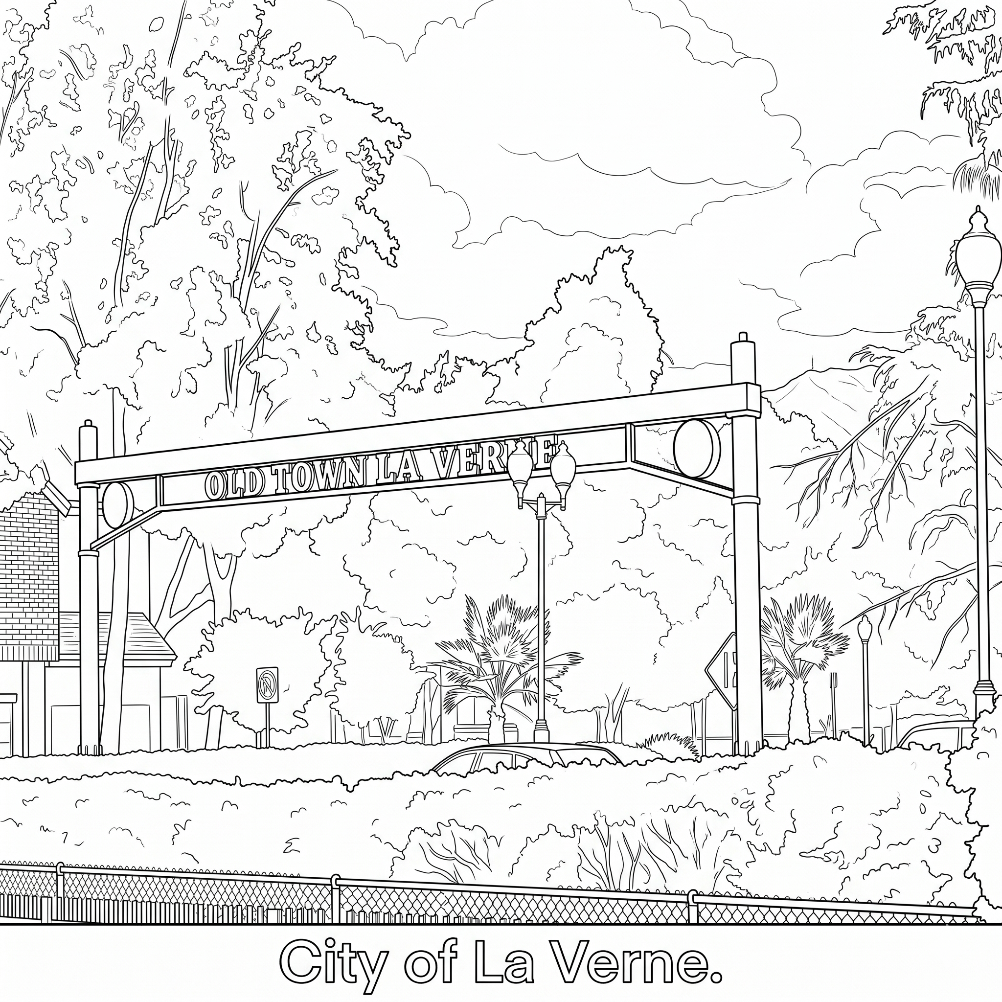 Line art illustration of Old Town La Verne sign — Janus Pest Management serves La Verne CA
