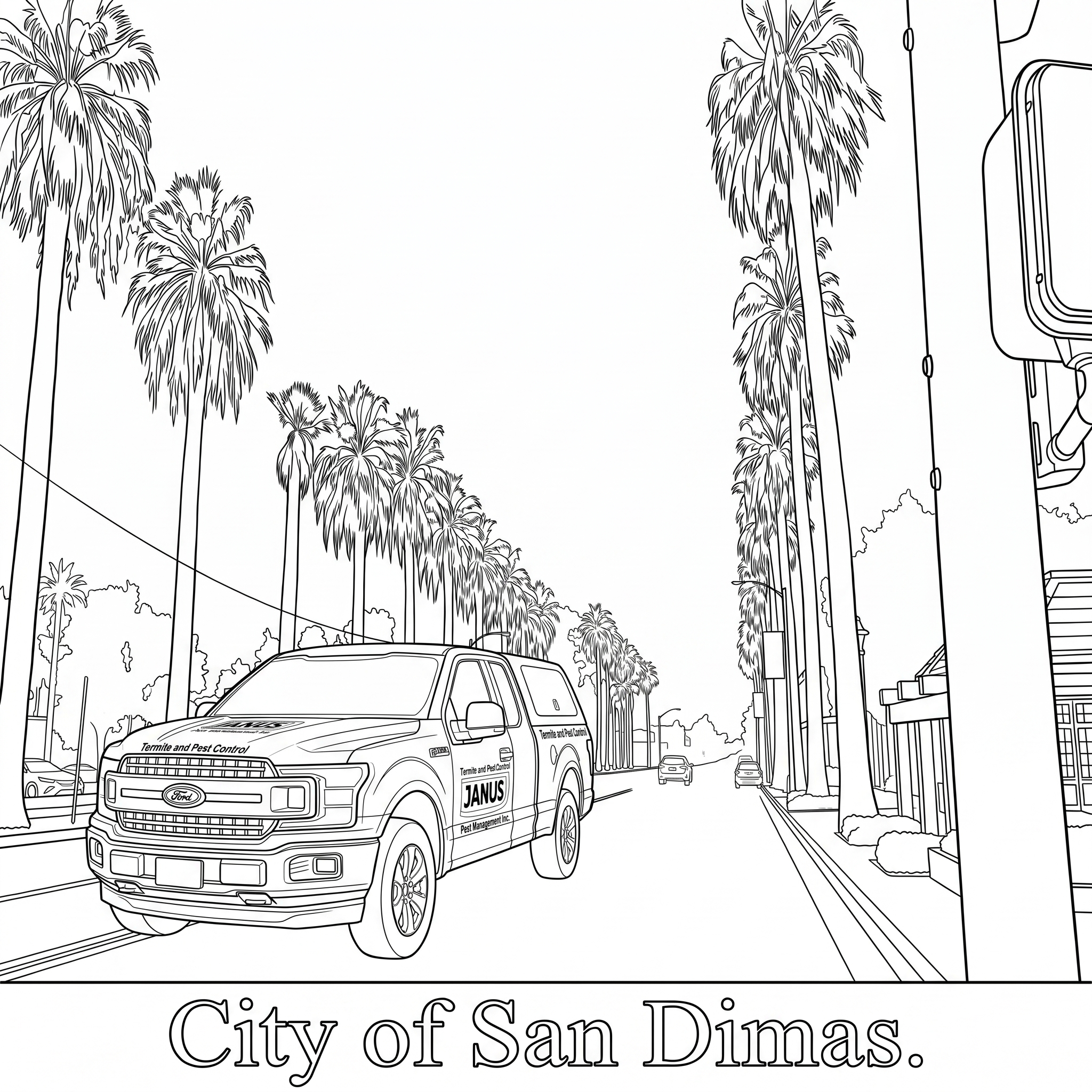 Janus Pest Management service truck on palm-lined Bonita Avenue San Dimas CA line art illustration